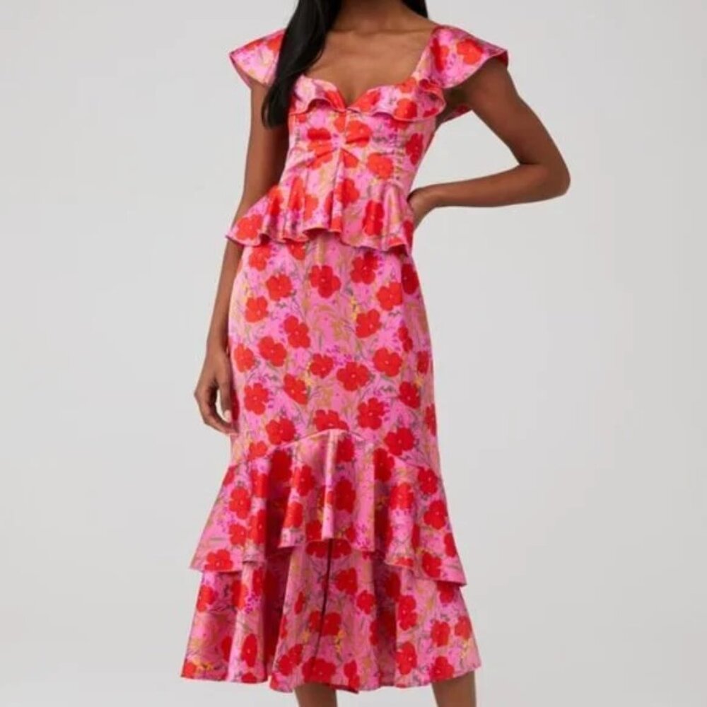 Show Me Your MuMu Pink and Red Ruffled Peplum Midi Dress XXL